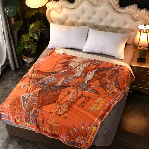 Designer de luxe Couverture cheval indien imprimé cour de palais imprimé canapé-lit concepteurs de velours de fourrure d'agneau jeter couvertures décor à la maison tapis orange