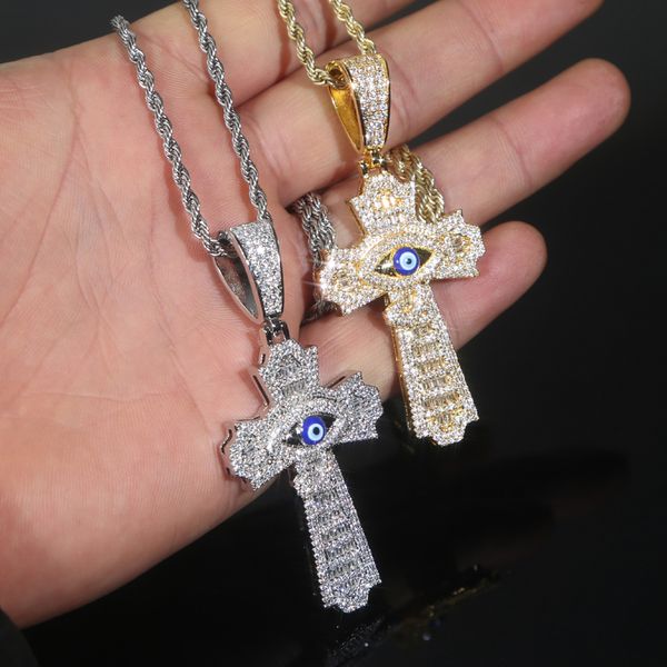 Designer de luxe Blue Evil Eye Ankh Cross Charm Pendentif Collier avec chaîne de corde Hip Hop Femmes Hommes Plein Pavé 5A Zircone Cubique Boss Hommes Cadeau Bijoux