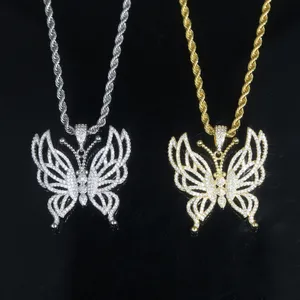 Collier pendentif de charme papillon de luxe avec chaîne de corde pour femme Lady 5A Zircon cubique entièrement pavé Hip Hop meilleur cadeau bijoux