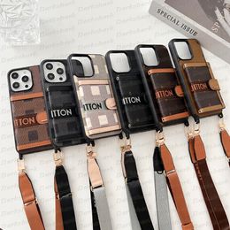 Étui de téléphone de poche pour cartes de créateur de luxe pour iPhone 15 14 Plus 13 12 Pro Max Texture en cuir classique Étuis à fente arrière Couverture de pare-chocs antichoc avec sangle de fermoir
