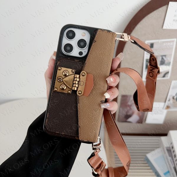 Funda de teléfono clásica de diseñador de lujo para iPhone 15 14 Plus 13 12 Pro Max 11 Textura de cuero Sobre plegable Tarjeta ultra delgada Cerradura de bolsillo Cubierta de moda con correa ajustable