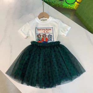 luxury designer Clothing Sets Fashion girls cute gauze skirt cotton 2022 two piece suit cci brand logo children Puff Sleeve dress shirts tshirt suits Baby Clothes