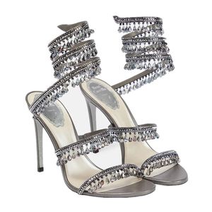 Diseñador de lujo Lámpara de cristal Sandalias de tacón alto delgadas Zapatos de mujer Rene Caovilla Cleo Rhinestone con incrustaciones de serpiente con estampado Strass Shoelace Box