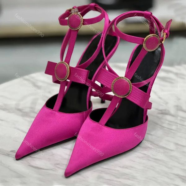 Chaussures habillées de luxe 100% véritables slingbacks en satin boucle de forage talon aiguille chaussure robe rose escarpins femmes talons hauts mariage fête sexy avec boîte 35-41