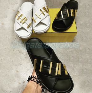 Designer Woman Sipper F Letter Graphy Sandaalleren platform Slidedia's Crossover Band Luxe Golden Metal Slide Lederen platform Stijl Model 35-40