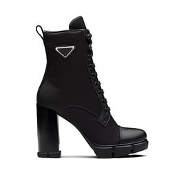 Luxe designer mode enkellaarsjes van leer en nylon stof laarsjes dames monoliet biker australië winter platform hoge hakken met doos