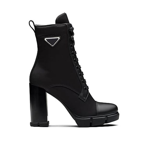 Botines de diseñador de moda de lujo Botines de tela de cuero y nylon Mujeres Monolith Biker Australia Plataforma de invierno Tacones altos con caja