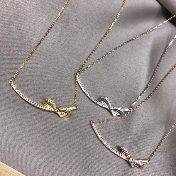 Collier avec nœud en diamant simple, de styliste de luxe, en or, argent, or rose, trois couleurs disponibles