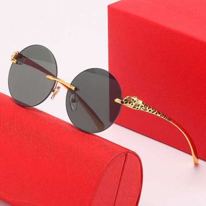 Lunettes de soleil de luxe de styliste, 20% de réduction, rondes sans monture, tête de léopard décorative, peinture, jambe miroir, lunettes tendance personnalisées