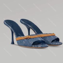 Designer slippers schoenen dames sandalen mode denim print patchwork cowhide kitten hiel mocassins 35-42 10 cm/6 cm hooghakken nieuwheid slipper