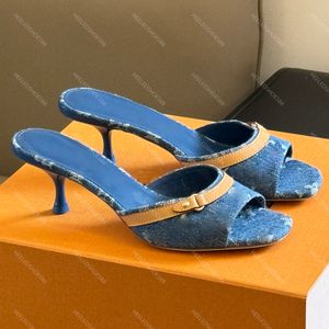 Zapatillas de diseñador Zapatos Sandalias para mujer Moda Denim Imprimir Patchwork Cuero de vaca Gatito Tacón Mocasines 35-41 6 cm Zapatilla de tacón alto Novedad