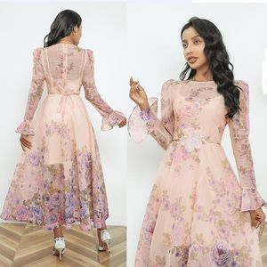 Luxe Ontwerper Bloemen Elegante Pasvorm Feestjurk Robe Uitlopende Mouwen Opstaande Hals Vrouw Slank Vakantie Baljurk Boho Maxi-jurken 2024 Lente Herfst Chic Runway Linnen Jurken