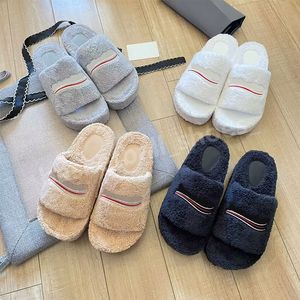 Diseñador de lujo Furry Slide Sandalia Zapatillas de mujer Beige Lana artificial Diapositivas de cuero Piel de invierno Fluffy Warm Letters Plataforma Sandalias Tacón 5 cm Tamaño 35-42 Con caja