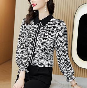 Luxe ontwerper Geometrische grafische grafische blouses vrouw button up shirt herfst winter veelzijdige runway rapel shirts kantoor dames eenvoudige mode formeel roze top