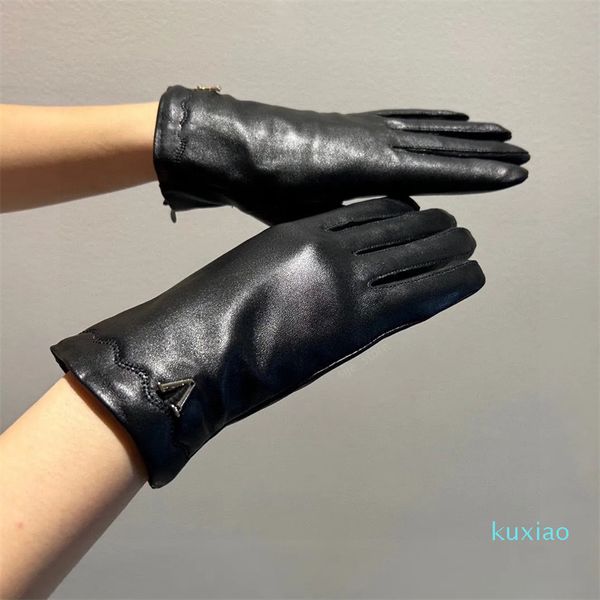 Guantes de diseñador de lujo para mujer, manoplas de cuero real con empuje, para mantener el calor, más grueso, a prueba de viento, piel de oveja genuina, guantes de cinco dedos a la moda