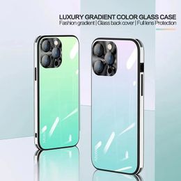 Coque de téléphone en verre de couleur dégradé de luxe pour iPhone 13 14 12 Pro Max 14Plus avec protection de lentille TPU cadre en verre couverture arrière pour Iphone14