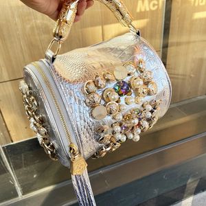 luxe Designer Handtas voor vrouwen portemonnees en handtas Handgemaakte Kralen Kussen Tas Casual zilveren emmer Messenger schoudertas 240130