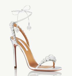 Luxe designer hoge hak jurk schoen aquazzura sandaal disco danser bruid sandalen kralen met kristallen verfraaid enkelbanden stiletto bruiloft bruid sandaal open teen