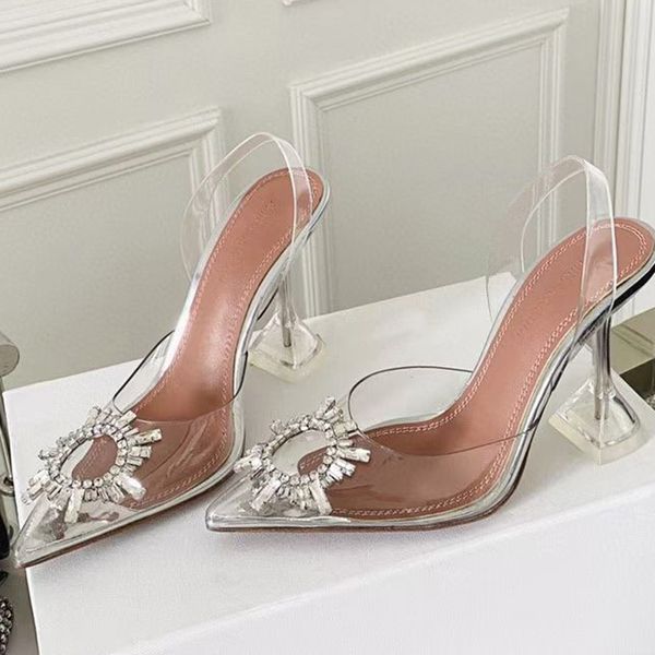 Designer de luxe Sandale à talons hauts pour femmes Mode transparente Paillettes perceuse bouton chaussure talons de 9,5 cm Semelle en cuir véritable chaussures cool grande taille 35-43 femmes sandales