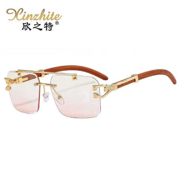 Lunettes de soleil de luxe de haute qualité 20% de réduction sur les lunettes décoratives de léopard de jambe de grain de bois personnalisé film océan mode sans cadre de pointe