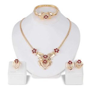 Joyería de diseño de lujo para mujer, anillo de diamantes de imitación con flores para boda, pendientes, collar, pulsera, conjunto de joyería para mujer, regalo para mujer