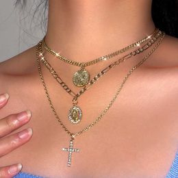 Designer de luxe bijoux punk religieux vierge mary pendentif chaîne collier serti pour femmes bijoux de chaînes de cristal multicouches multicouches dorées