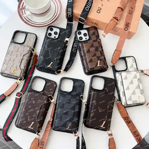 Étui de portefeuille en cuir de luxe avec porte-cartes pour iPhone 15 Pro Max 14 13 12 Pro Plus, marque classique, couverture de téléphone portable, bandoulière avec lanière pour femmes et filles