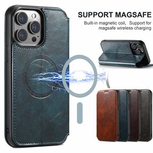 Funda de teléfono con billetera de cuero de diseñador de lujo para iPhone 15 14 Pro Max 14Plus 13 12 11 Promax para MagSafe Fuerte soporte de carga inalámbrico magnético Cubierta a prueba de golpes