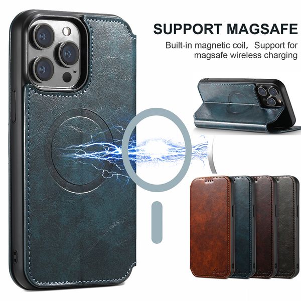 Étui de téléphone portefeuille en cuir de luxe pour iPhone 15 14 Pro Max 14Plus 13 12 11 Promax pour MagSafe forte couverture de charge sans fil magnétique avec béquille antichoc