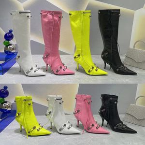 Designer de luxe bottes longues mince talon haut genou botte Stiletto marque de mode Cagole boucle goujon chaussures bout pointu en cuir véritable piste femmes usine chaussures 2023