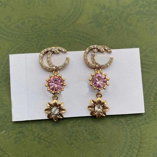 Pendientes colgantes largos de diseño de lujo para niñas, aretes colgantes con forma de flor de diamante rosa, 292e