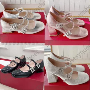 Designer de luxe Mary Jane chaussures femmes en cuir véritable talon haut bride à la cheville boucle bout rond nouvelles chaussures plates de ballet chaussures de mode boucle de diamant chaussures habillées décoratives