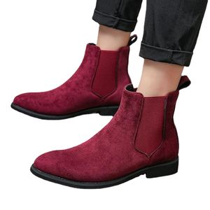 Luxe designer mannen puntige fluwelen slip op chelsea laarzen zwart rood fashion botas frosted trend casual hoge schoenen voor mannen