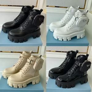 Luxe ontwerper Men Women Boots Monolith Shiny Detachable Nylon Pouch Combat Shoes Nylon Hailf Outdoor Dikke bodem middenlengte laars 35-42