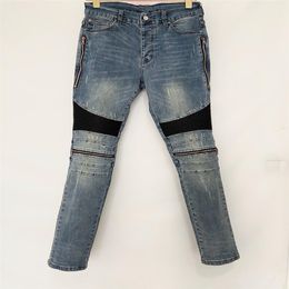 Luxe designer Heren jeans Lange broek Skinny rits Zwart blauw knie Spell leer Vernietig de quilt Gescheurd gat mode jean Mannen D1930