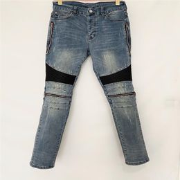 Luxe designer Heren jeans Lange broek Skinny rits Zwart blauw knie Spell leer Vernietig de quilt Gescheurd gat mode jean Mannen D235v