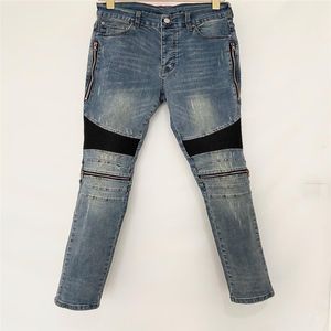 Diseñador de lujo Jeans para hombre Pantalones largos Cremallera delgada Negro rodilla azul Hechizo de cuero Destruir la colcha Agujero rasgado jean de moda Hombres D252m