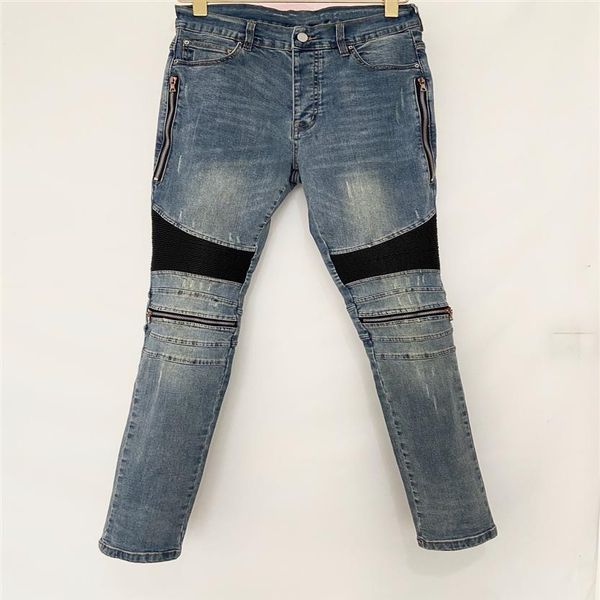 Designer de luxe Jeans pour hommes Pantalons longs Fermeture à glissière maigre Genou noir bleu Cuir Spell Détruire la courtepointe Trou déchiré jean à la mode Hommes D235v