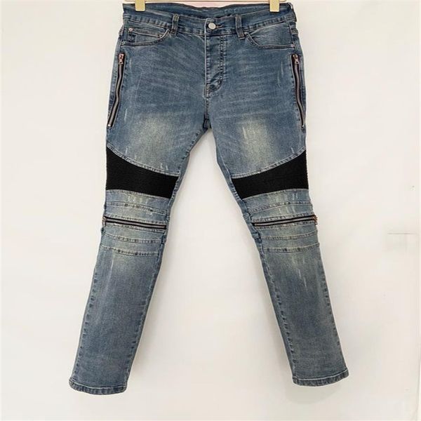 Designer de luxe Jeans pour hommes Pantalons longs Fermeture à glissière maigre Cuir bleu noir Spell Détruire la couette Ripped trou mode jean Hommes D262I