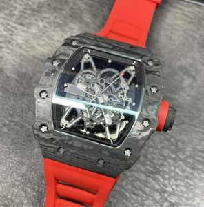 Luxe Designer Heren Skeleton Horloge koolstofvezel Kast Rode Rubberen band mechanische zelfopwindende Glide gladde tweedehands polshorloge1812526