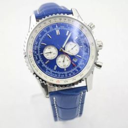 Montre de luxe pour hommes, mouvement à quartz, chronographe, boîtier en acier inoxydable, bracelet en cuir bleu, boucle déployante, montres pour hommes WR284M