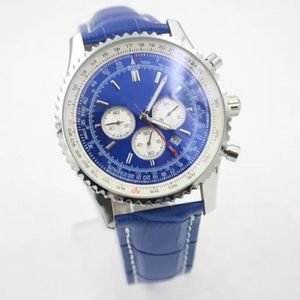 Montre de luxe pour hommes, mouvement à quartz, chronographe, boîtier en acier inoxydable, bracelet en cuir bleu, boucle déployante, montres pour hommes Wr209o