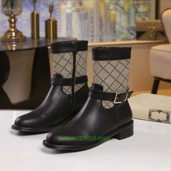 Designer de luxe mi-baril botte femmes impression classique épissage mode chevalier bottes rétro hiver cuir gros talon femmes chaussures longues bottines