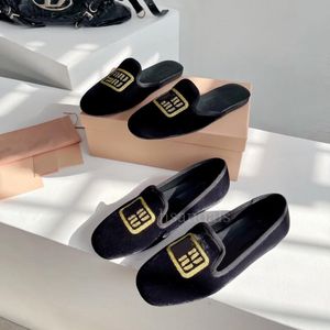 Luxe ontwerper Parijs merk kleding schoenen nertswol fluwelen vlinderdas zwarte platte schoenen dames gewatteerde zachte zool slip ronde neus damesschoen