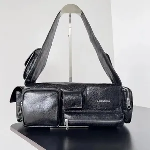 Sac à bandoulière de moto plissé de luxe, sac de styliste, sac en cuir de vache noir, sac à main pour femme, sac de moto Vintage, sac à main minimaliste