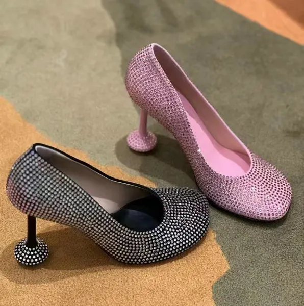 Zapatos de tacón de diseñador de lujo para mujer, calzado de vestir informal con punta redonda decorativa y diamantes de agua satinados, zapatos de boda clásicos de tacón alto