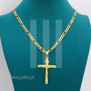 Luxe ontwerper Real 10K Geel Solid Fine Gold Gf Jesus Cross Crucifix Charm Big Pendant 55*35mm Figaro Chain Fashion Mode Hoogwaardige ketting 24 