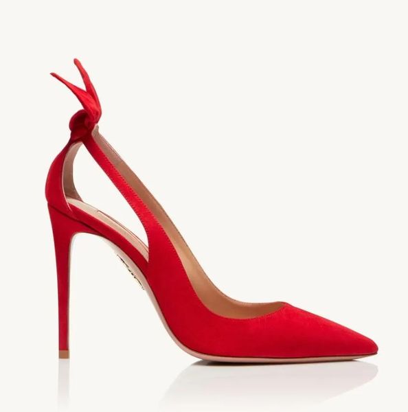 Designer de luxe Red Sandal Femmes Pumps Aquazzura- Clif de nœud Pumpe en cuir en cuir pointu à orteil Pointe Slingback Lady Mariage de mariage chaussures de robe EU35-42