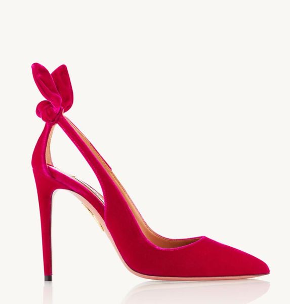Diseñador de lujo Sandalia roja Bombas de mujer Aquazzura- BOW PIE PUMP Gamuza de cuero con punta en punta con recorte slingback dama boda novia zapatos de vestir EU35-43