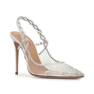 Luxe ontwerper Rhinestone Sluit Toe Silver Hoge Heel Pumps voor vrouwen Clear Slingback Sandalen voor bruidsbruinschoenen 240328